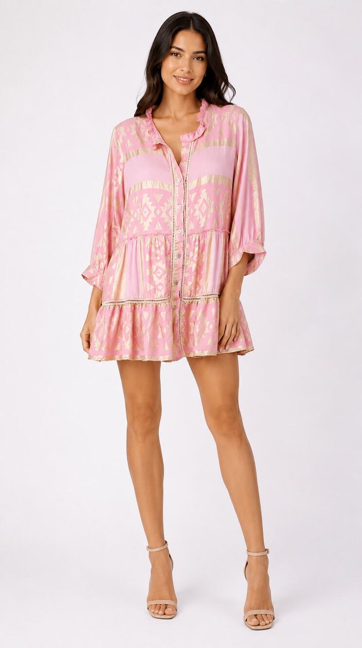 Kasia Ariadne Mini Shirt Dress Pink Gold Womens Size Medium